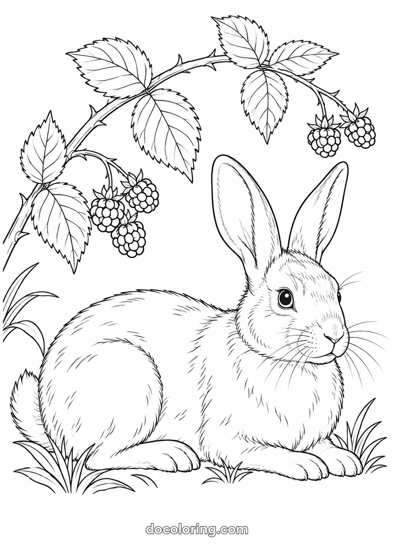 European rabbit beneath brambles in a black outline coloring sheet.