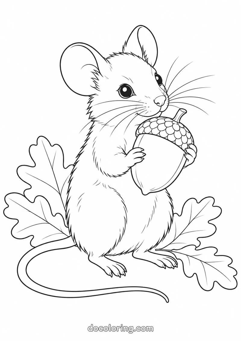 Wood mouse with an acorn in a black outline coloring sheet.