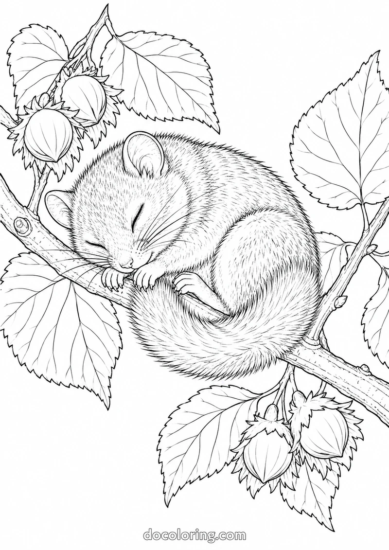 Dormouse resting on a hazel branch in a black outline coloring sheet.