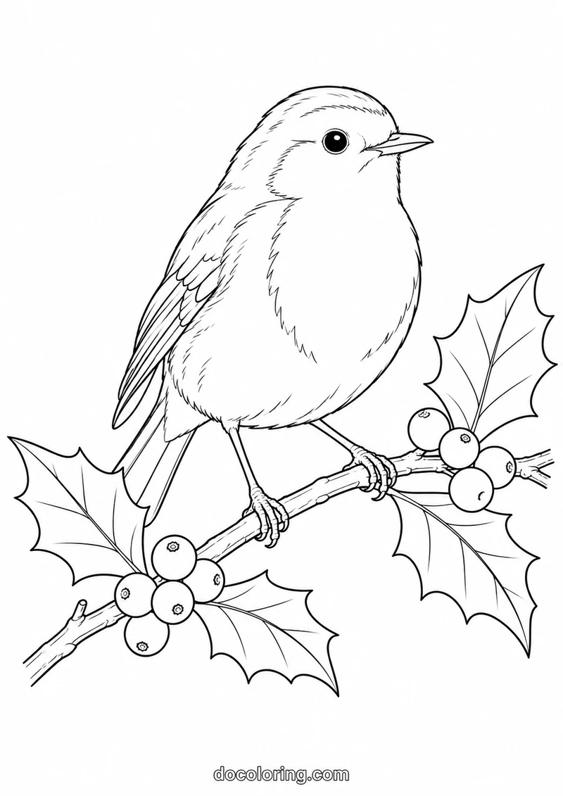European robin on a holly branch in a black outline coloring sheet.
