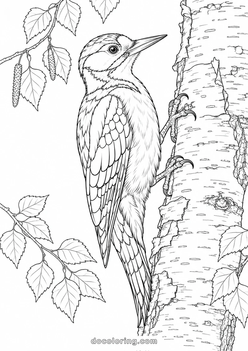 Great spotted woodpecker on birch in a black outline coloring sheet.