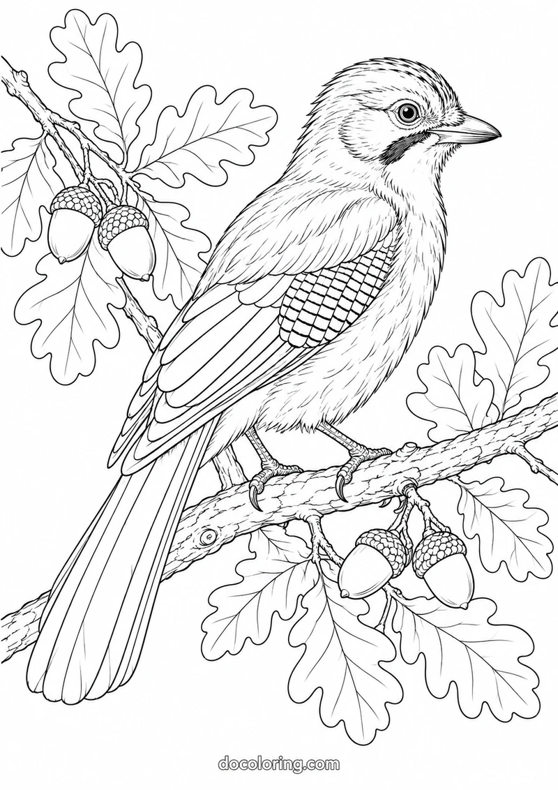 Eurasian jay with oak leaves in a black outline coloring sheet.