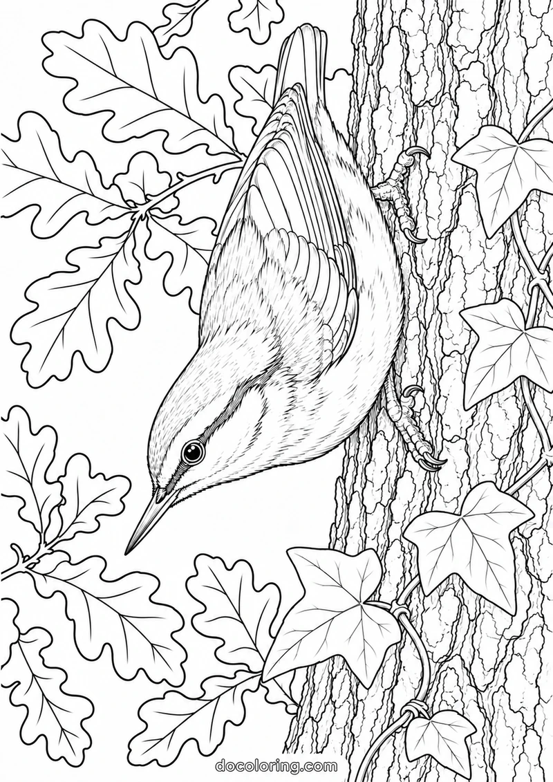 Eurasian nuthatch descending a trunk in a black outline coloring sheet.