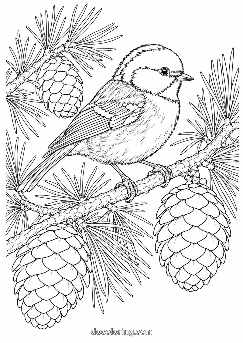 Coal tit among pine cones in a black outline coloring sheet.