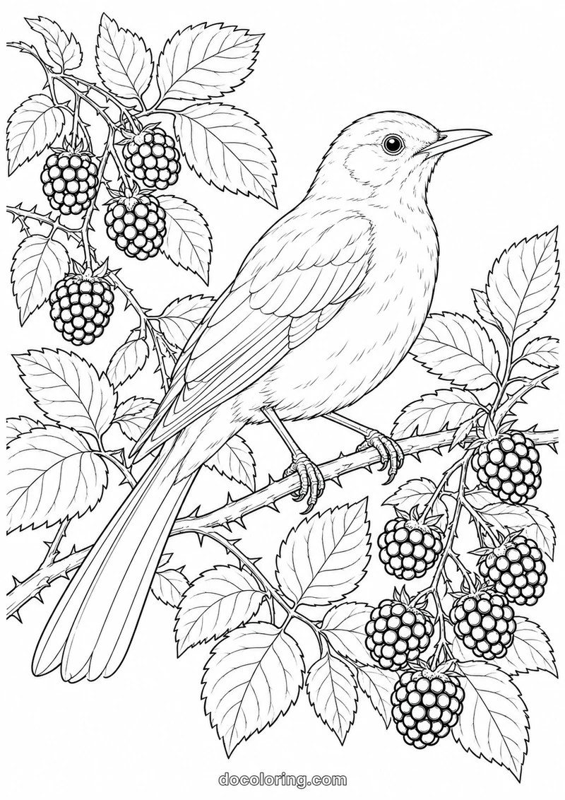 Blackbird among blackberries in a black outline coloring sheet.