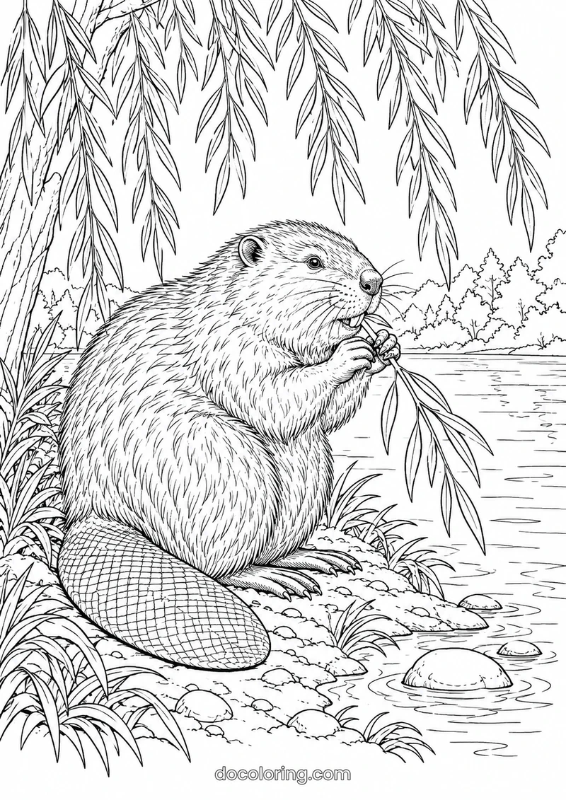 European beaver beside a willow in a black outline coloring sheet.