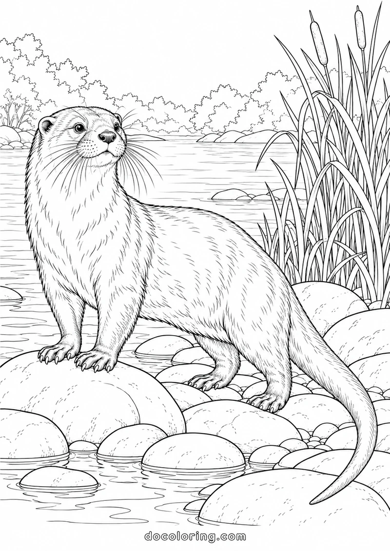 Eurasian otter beside river reeds in a black outline coloring sheet.
