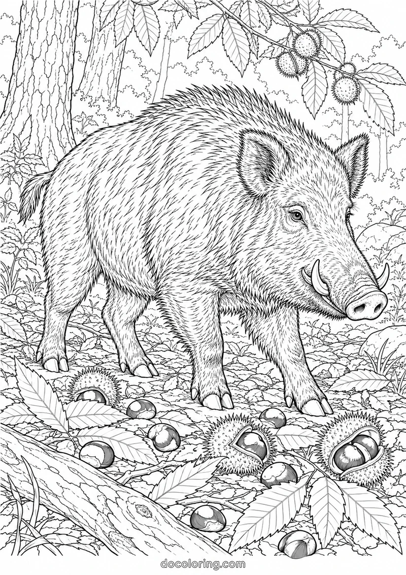 Wild boar among fallen chestnuts in a black outline coloring sheet.